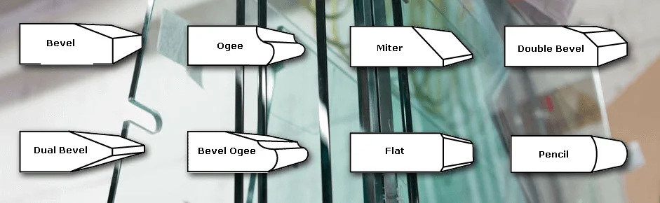 Edge profile types: bevel, Ogee, Miter, Double Bevel, Dual Bevel, Bevel Ogee, Flat, Pencil.